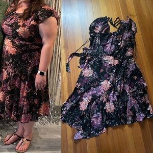 Madison Tara size 18W black dress with pink and purple floral design